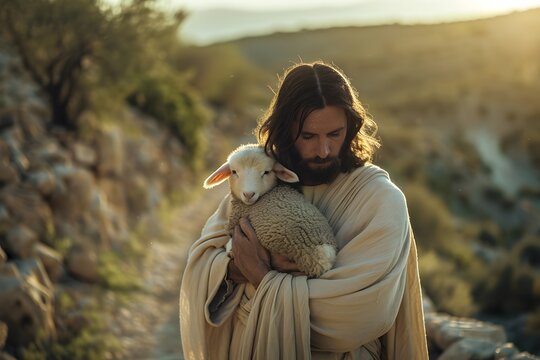 Jesus christ holding a small lamb in his arms, standing on a rocky path in a serene, sunlit landscape at sunset