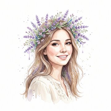 Young woman with lavender crown smiling against a light background  