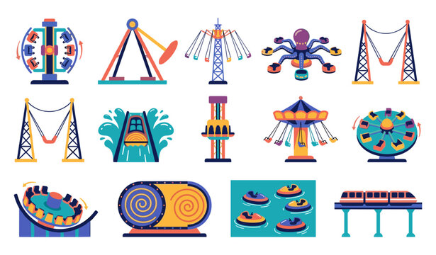  Amusement park rides vector icon set featuring flat illustrations of roller coaster carousel ferris wheel bumper cars swing ride and theme park attractions