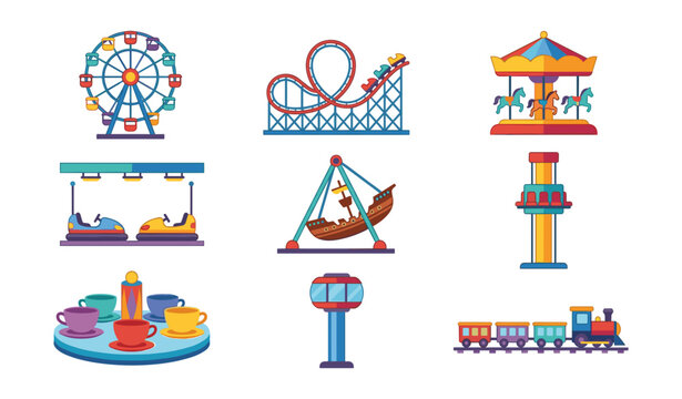 Amusement park rides vector set featuring flat illustrations of ferris wheel roller coaster carousel bumper cars pirate ship teacups and carnival train attractions