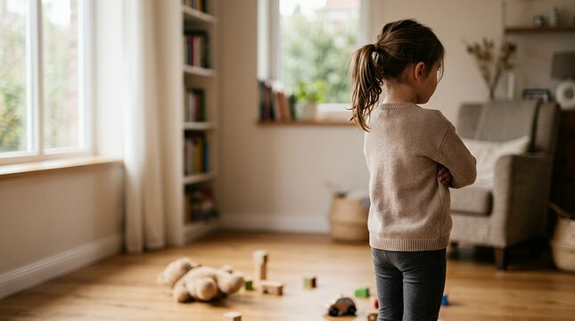 Sad little girl standing alone in the living room with toys scattered on the floor.