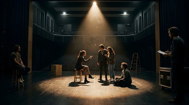 Actors rehearsing dramatic play scenes under a stage spotlight in theater