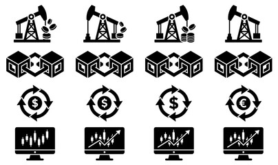 Obraz premium Global Commodity Trading and Blockchain Finance Glyph Icon Set Featuring Oil Derrick Pump Jacks Crypto Block Chains Currency Exchanges and Candlestick Charts
