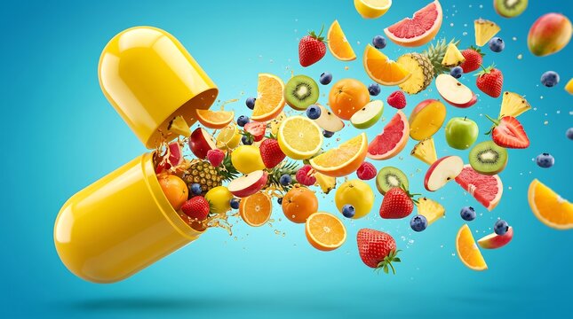 Open yellow medical capsule pill with fresh organic fruits and berries exploding out on blue background