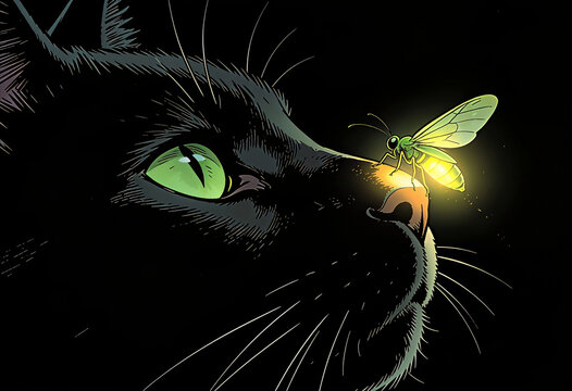 Close-up illustration of a black cat looking up with bright green eyes. A glowing firefly gently lands on the cat's nose, spreading a warm glow on its face against a dark background.