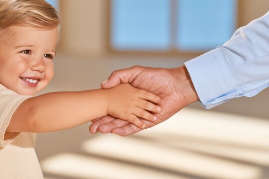 Grandchild holding hands with grandparent in warm indoor setting