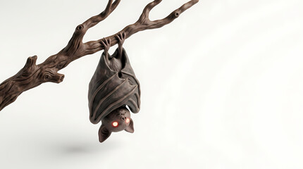 Fototapeta premium Detailed spooky brown bat figurine with glowing red eyes hanging from a wooden branch against a white background for Halloween and gothic decor