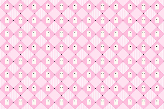 Seamless cute Halloween ghost pattern with pastel pink argyle checkerboard background for textile and wrapping paper