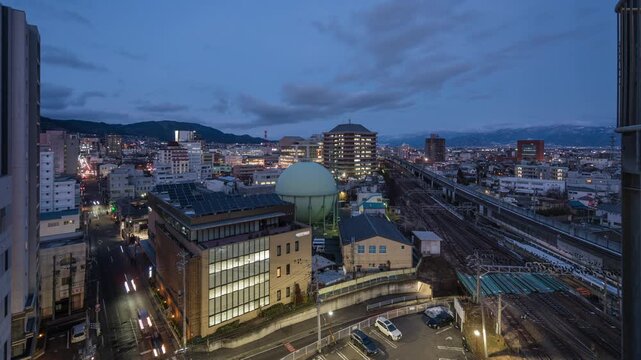 Dusk to night time lapse of Nagano City, the capital and largest city of Nagano Prefecture, Japan.