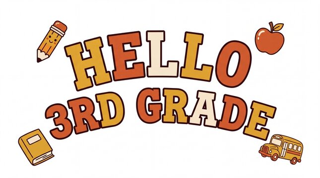 Retro Hello 3rd Grade back to school typography. Vintage school supplies illustration. Third grade student welcome graphic.