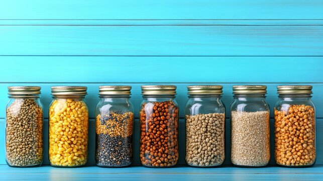 A horizontal row of seven glass jars filled with various grains on blue boards