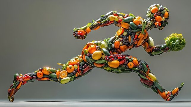A human figure in a sprinting pose composed entirely of assorted fresh produce