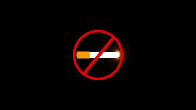 No smoking sign animation with glowing burning cigarette on black background video...