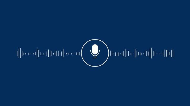 Cyan microphone icon with audio waveform spectrum animation video on black background..