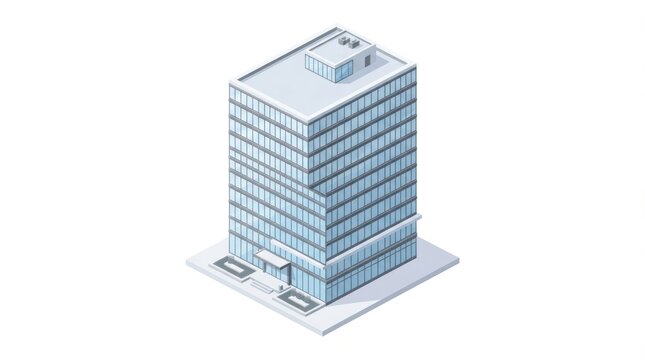 Isometric illustration of a tall modern office skyscraper with glass facade and rooftop details.