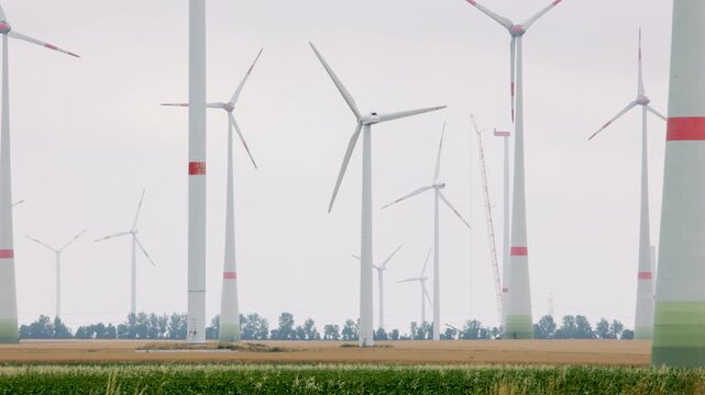 Wind turbines rise across agricultural fields under hazy sky, showing renewable energy farm in rural landscape. Crane and unfinished tower highlight ongoing construction and clean power expansion