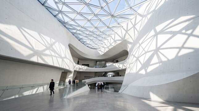 architecture modern building interior design structure contemporary futuristic hall ceiling glass steel concrete light shadow atrium space abstract geometric curved shapes pattern
