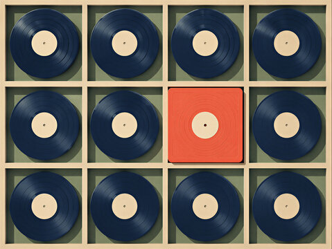 Graphic illustration of a unique red square vinyl record in a grid of black circular records. Concept of individuality and breaking the pattern