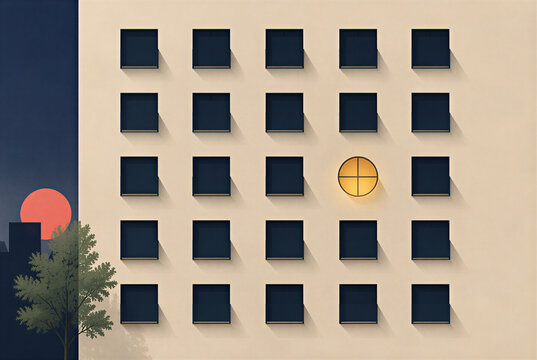Graphic illustration of a unique illuminated round window on a building facade of dark square windows. Concept of individuality and breaking the pattern