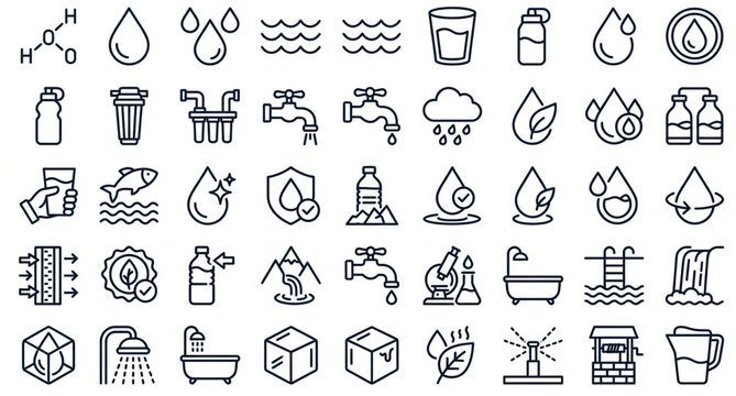 Water Line Icon Set with Raindrops Glass H2O Molecule Purification Filter and Aqua Outline Symbols