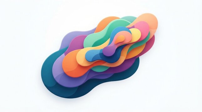 Vibrant abstract composition featuring layered colorful shapes and curved circular forms on a white wall installation.