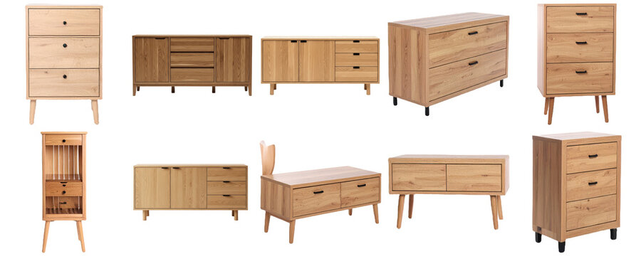 Collection of wooden furniture pieces including dressers, cabinets, and a bench, isolated on a white background
