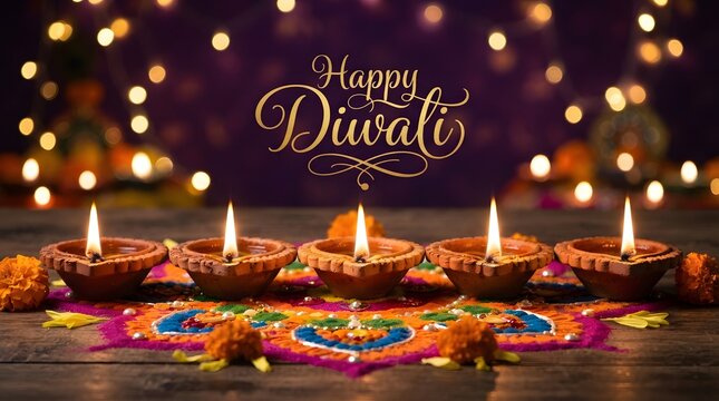 Row of traditional burning clay diyas on colorful rangoli with golden happy diwali text and bokeh lights