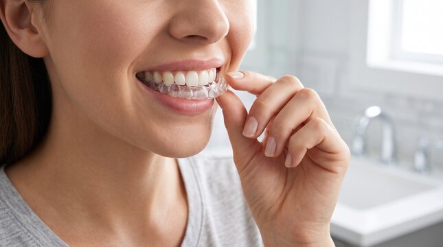 Woman fitting transparent dental tray, symbolizing teeth straightening, orthodontic care, healthy smile and modern cosmetic dentistry.