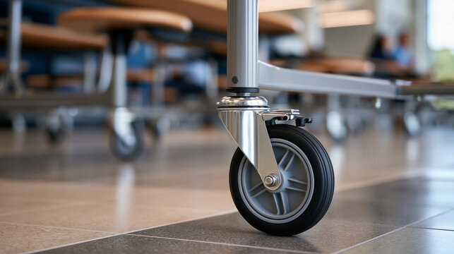 A detailed candid photograph focusing on the caster wheels and locking mechanisms at the base of several empty mobile cafeteria tables on a tile floor. Clean industrial educational