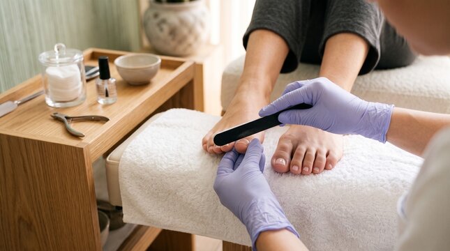 Professional pedicure treatment at beauty salon, symbolizing foot care, hygiene, wellness, relaxation, self-care and healthy feet.