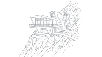 Naklejka premium Modern Cliffside House Architectural Line Art Illustration