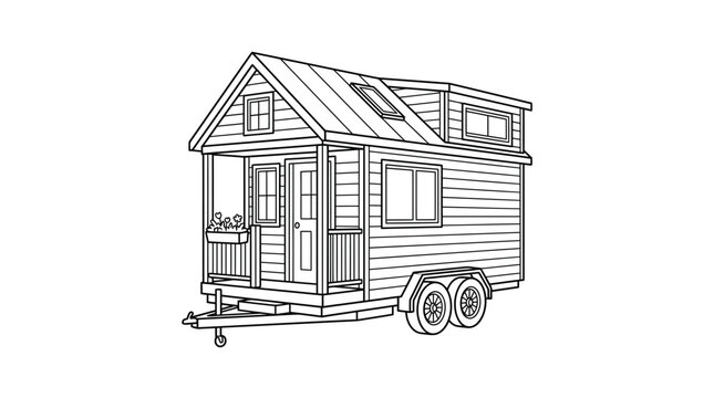 Minimalist Line Art Vector Illustration of a Tiny House Trailer