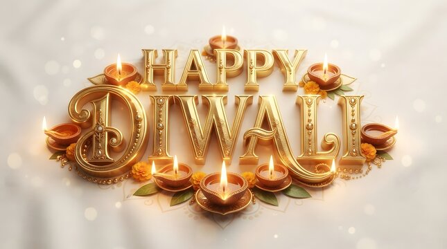 Elegant happy diwali text with golden 3d typography and decorative diya lamps isolated on white background
