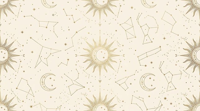 Seamless celestial pattern featuring golden sun moon symbols with intricate constellation map line art designs with delicate star constellation