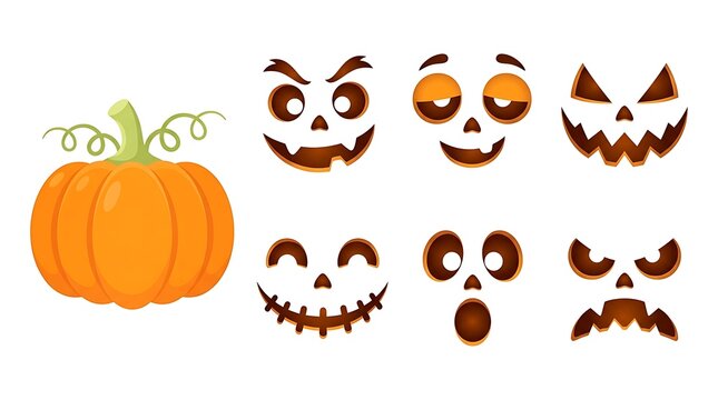 Cartoon pumpkin character creator kit with various expressions for festive autumn holiday decoration projects with expression cutouts arranged