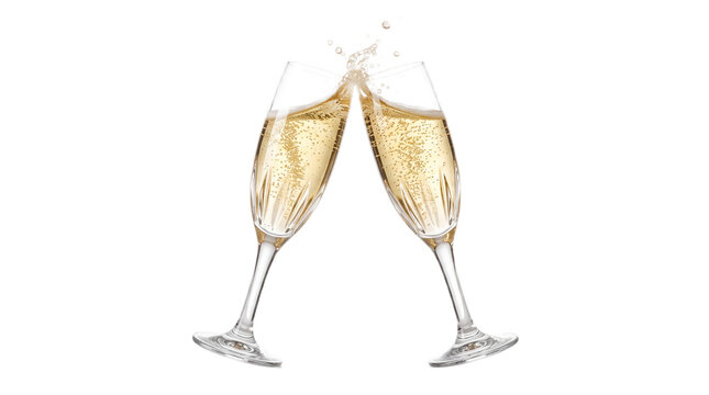 Two crystal champagne flutes clinking toasting celebration with new year on transparent background