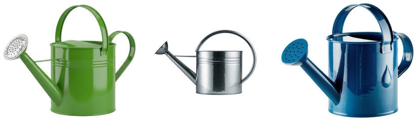 Three watering cans in different colors: green, silver, and blue, isolated on a white background. © NamCam