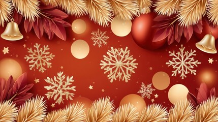 Fototapeta premium Elegant red Christmas background with golden glitter snowflakes and pine branches