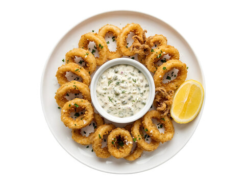 Crispy fried calamari rings with tartar sauce and lemon isolated on transparent background