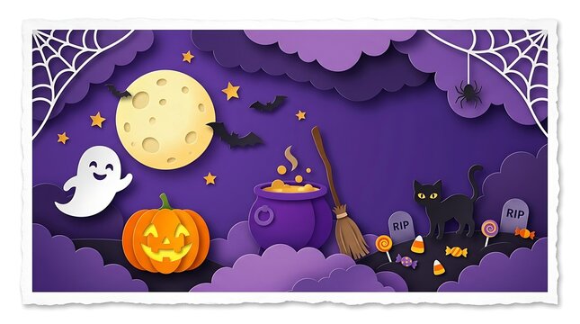 Halloween paper craft background featuring spooky ghost pumpkin cauldron cat bats with displays festive halloween halloween scene crafted