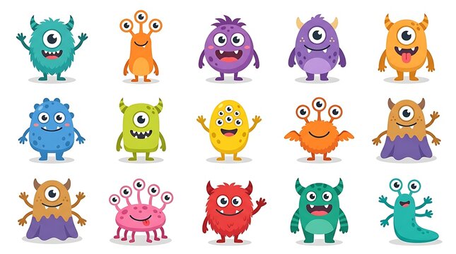 Collection of colorful cute cartoon monsters with various shapes and expressions for kids graphic design projects with fifteen whimsical cartoon