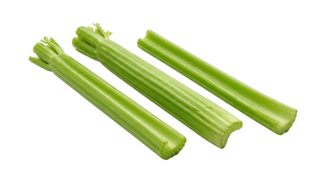 Three fresh green celery stalks isolated on a white background.