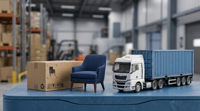 Modern furniture delivery logistics featuring a semi-truck, armchair, and shipping box inside a warehouse. This efficient transport solution supports seamless e-commerce and supply chains.