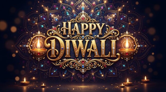 Happy diwali greeting card with ornate golden typography, glowing diya lamps, and intricate mandala background with colorful gemstones and bokeh lights