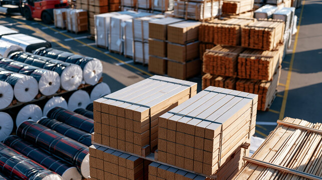 High-angle view of an outdoor building materials yard containing organized pallets of insulation boards, waterproofing membrane rolls and bundles of wooden wall lathing, clear pathways between stora