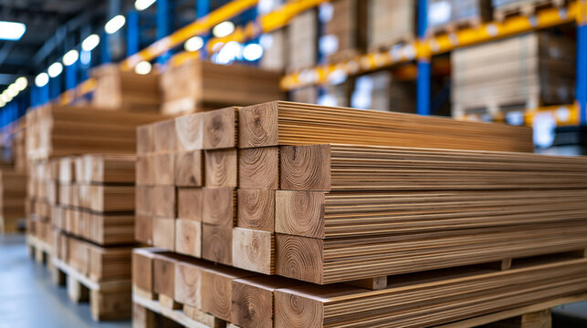 Huge stacks of light-colored plywood sheets organized in an automated distribution warehouse, multiple pallet groups extending into the distance, strong architectural perspective and realistic mater
