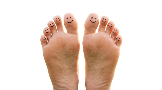Happy human feet with drawn smiley faces on toes representing joyful carefree summer vacation mood with isolated white background background small black