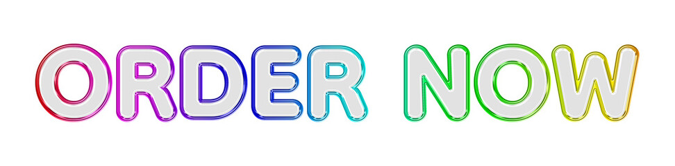 Order Now 3D Glass Typography with Dark Transparent Glass, Multicolor Rainbow Metallic Border and Vibrant Neon Glow, Futuristic E-Commerce Shopping Call to Action Text Element Isolated  © Soapbeer