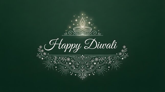 Elegant happy diwali greeting card with a glowing diya lamp illustration on a dark green background