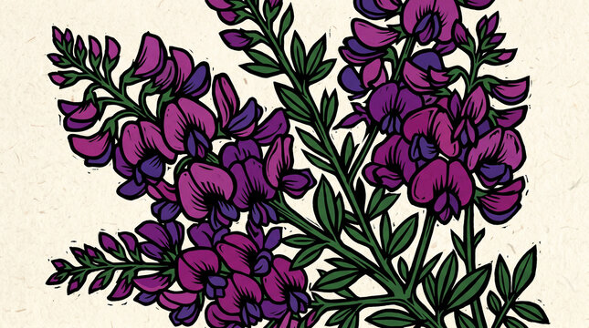 Vibrant purple wildflowers illustrated in a stylistic block print design on textured light cream paper background